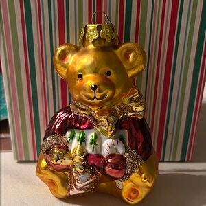 Vtg hand painted Gold Teddy Bear mercury glass  Holiday Ornament -